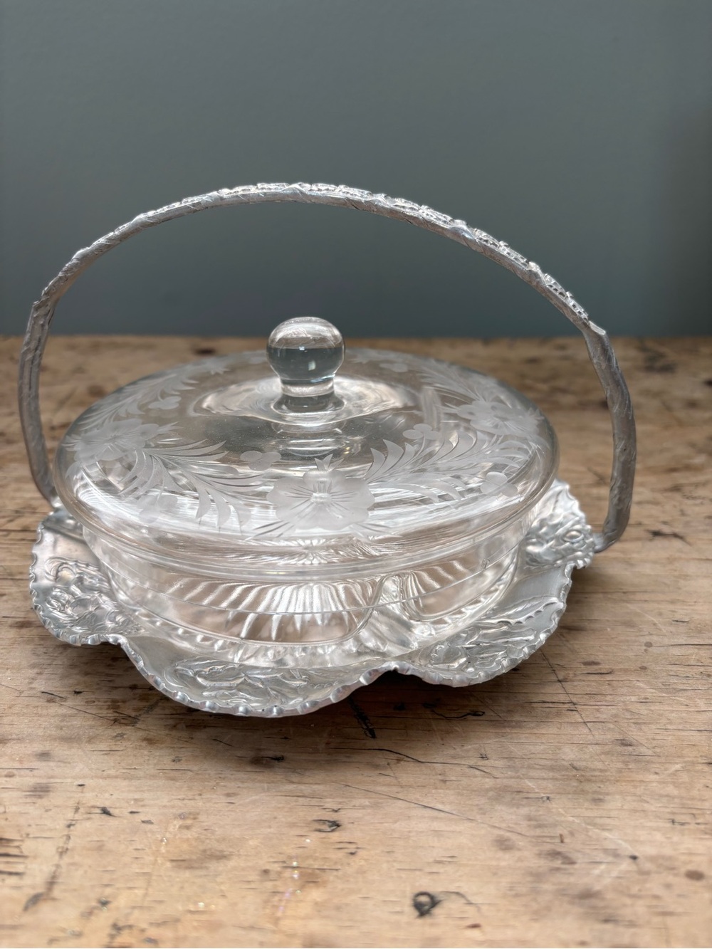 Vintage Hand Wrought Aluminum Handled Basket w/ Clear Etched Glass Covered Dish